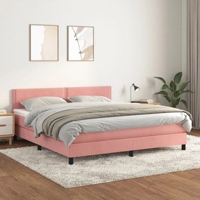 Pat box spring cu saltea, roz, 180x200 cm, catifea Roz, 180 x 200 cm, Culoare unica si cuie de tapiterie