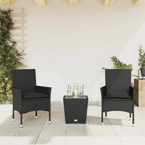 3278740 vidaXL Set bistro cu perne, 3 piese, negru, poliratan și sticlă