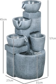 Outsunny Fântână de grădină în aspect natural, cu 4 trepte, alimentată de energie solară, LED-uri, 57 cm înălțime, Gri închis | Aosom Romania