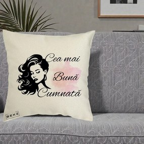 Cadou pentru Cumnata - Perna Personalizata Cea mai Buna Cumnata cu Silueta Dama si Pete Roz, 40x40 cm, Ecru, Husa Detasabila, Perna Inclusa, BEKZ®