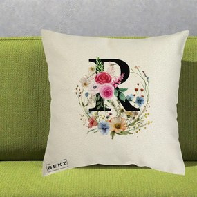 Cadou Personalizat - Perna Personalizata Monogram Litera R cu Flori Acuarela, 40x40 cm, Ecru, Husa Detasabila, Perna Inclusa, BEKZ®