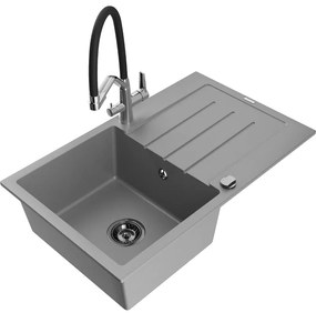 Mexen Bruno chiuvetă de granit cu un compartiment, cu picurător și baterie de bucătărie Duo, Gri - 6513-71-671701-07-B