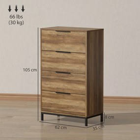 HOMCOM Comodă 4 Sertare din PAL și Metal 62x35x105 cm Maro Deschis | Aosom Romania