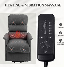 HOMCOM Fotoliu cu Ridicare și Masaj, Fotoliu Reclinabil cu 8 Puncte de Masaj, Încălzire și Suport pentru Picioare, 62.5x93x97 cm, Gri | Aosom Romania