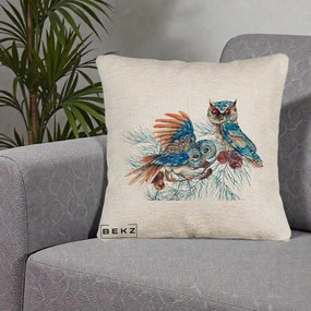 Perna Decorativa Bufnite de Iarna Albastre, 40x40 cm, Bej Canapea, Husa Detasabila, Perna Inclusa, BEKZ®