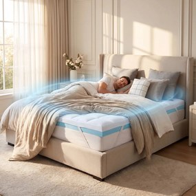Topper saltea memory foam cu gel racoritor ELEMUSE, 7 cm, husa detasabila lavabila