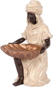 Statuetă decorativă din polirășină, crem și auriu, siluetă maură îngenuncheată, cu bol în formă de cochilie, 36,5 x 26 cm, „Grenade”