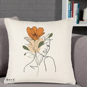 Perna Decorativa Portret Feminin Floare Portocalie, 40x40 cm, Crem Reliefat, Husa Detasabila, Perna Inclusa, BEKZ®