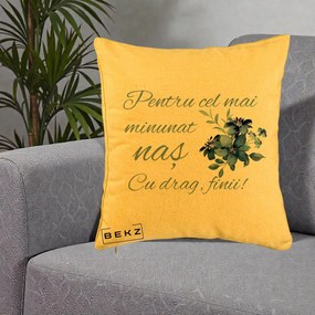 Cadou pentru Nas - Perna Personalizata Pentru Cel mai Minunat Nas Cu drag Finii, 40x40 cm, Galben, Husa Detasabila, Perna Inclusa, BEKZ®