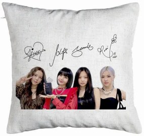 Perna Decorativa, Model Blackpink K-POP semnaturi, 40x40 cm, Alb Murdar, Husa Detasabila, Burduf