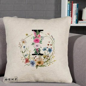 Cadou Personalizat - Perna Personalizata Monogram Litera I cu Flori Acuarela, 40x40 cm, Bej Canapea, Husa Detasabila, Perna Inclusa, BEKZ®