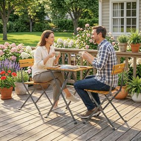 Outsunny Set 3 piese pentru luat masa 2 persoane, masă pliantă cu 2 scaune pliante pentru terasă/balcon Teak | Aosom Romania