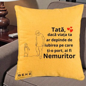 Cadou pentru Tata - Perna Personalizata Tata Nemuritor Joaca cu Mingea, 40x40 cm, Galben, Husa Detasabila, Perna Inclusa, BEKZ®