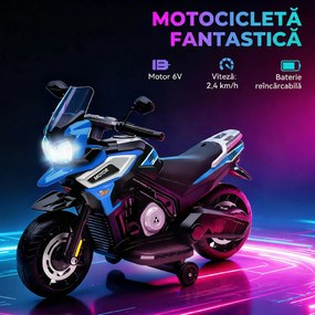 AIYAPLAY Motocicletă Electrică pentru Copii 18-36 Luni, 6V Motocicletă Electrică pentru Copii cu Roți Detașabile, Faruri, Muzică, 2.4 km/h Mini Motocicletă cu Far, Max 30kg, Albastru | Aosom Romania