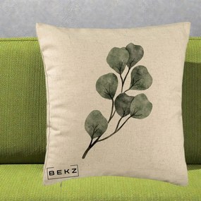 Perna Decorativa Ramura Eucalipt Acuarela, 40x40 cm, Bej, Husa Detasabila, Perna Inclusa, BEKZ®