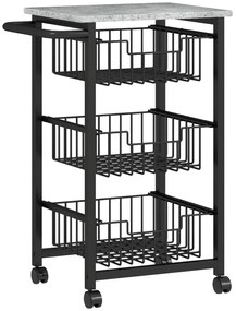 HOMCOM Cărucior de bucătărie cu 3 coșuri și mâner, din oțel și lemn, 49,5x31x69 cm, negru și gri deschis | Aosom Romania