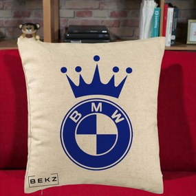 Perna Personalizata cu emblema BMW si Coroana, 40x40 cm, Bej, Husa Detasabila, Perna Inclusa, BEKZ®