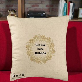 Cadou pentru Bunica - Perna Personalizata Cea Mai Buna Bunica Coronita Frunze Acuarela, 40x40 cm, Bej, Husa Detasabila, Perna Inclusa, BEKZ®