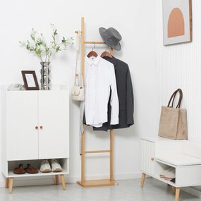 HOMCOM Cuier pe picior suport pentru haine, Vestiar din lemn cu 3 bare și 2 cârlige | Aosom Romania