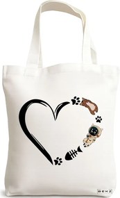 Sacosa de Panza pentru Cumparaturi, Geanta Tote, model Cat Love 1, 38 x 34.5 cm, Alba, BEKZ®