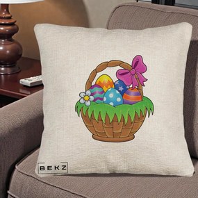 Perna Decorativa Cos cu Oua de Pasti Colorat, 40x40 cm, Bej Canapea, Husa Detasabila, Perna Inclusa, BEKZ®