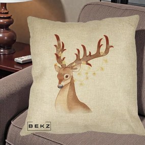 Perna Decorativa Ren cu Luminite de Craciun, 40x40 cm, Crem, Husa Detasabila, Perna Inclusa, BEKZ®