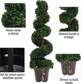Outsunny Plantă Artificială Decorativă Buxus în Spirală cu Ghiveci Inclus, Ф32x120 cm, Verde | Aosom Romania
