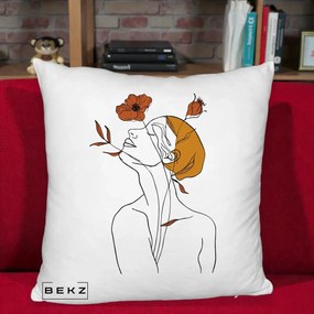 Perna Decorativa Portret Feminin Mac Privire Inalta, 40x40 cm, Alb Pufos, Husa Detasabila, Perna Inclusa, BEKZ®