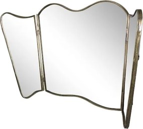 Oglindă pliabilă artizanală cu 3 panouri, ramă din metal în nuanță de alamă, finisaj antichizat, 90 x 50 cm, „Jonna”