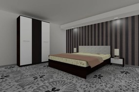 Dormitor Luiza 3U4PTA, culoare magia (wenge) / alb, cu pat tapiterie alba 140 x 200, dulap cu 3 usi 123 cm si 2 noptiere