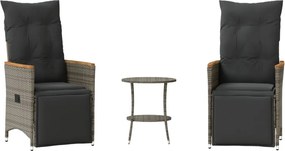 vidaXL Set bistro de grădină cu perne, 3 piese, gri, poliratan