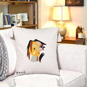 Perna Decorativa Portret Abstract Galben-Ocru, 40x40 cm, Bej cu Franjuri, Husa Detasabila, Perna Inclusa, BEKZ®