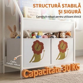 AIYAPLAY Bibliotecă Montessori pentru Copii 3-8 Ani cu 4 Rafturi și 2 Cutii cu Imprimeu Leu, Alb | Aosom Romania