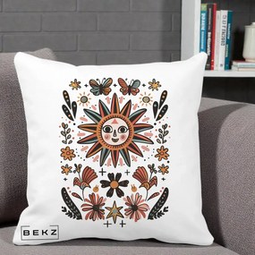 Perna Decorativa Soare Boho Folk Fluturi, 40x40 cm, Alba Mata, Husa Detasabila, Perna Inclusa, BEKZ®