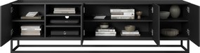 Comodă TV Asha 200 cm, cu fronturi riflate, spațiu deschis și cadru metalic – negru mat