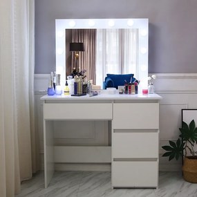 Masă de toaletă Antoaneta, Masă machiaj cu oglindă iluminată LED, 4 sertare, Alb