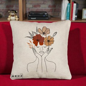 Perna Decorativa Portret Feminin Coroana Trei Flori, 40x40 cm, Bej Canapea, Husa Detasabila, Perna Inclusa, BEKZ®