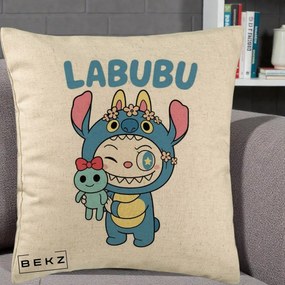 Perna Personalizata Labubu x Stitch cu Flori, 40x40 cm, Bej, Husa Detasabila, Perna Inclusa, BEKZ®