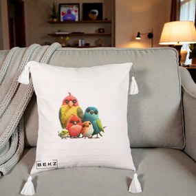 Perna Decorativa Familie de Pasarele Colorate, 40x40 cm, Bej cu Franjuri, Husa Detasabila, Perna Inclusa, BEKZ®