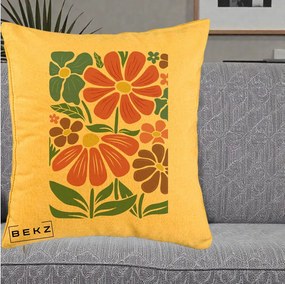 Perna Decorativa Flori Grafice Colorate Retro, 40x40 cm, Galben, Husa Detasabila, Perna Inclusa, BEKZ®