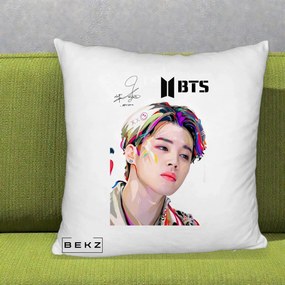 Perna Personalizata K-pop BTS Jimin Portret Artistic Multicolor cu Autograf, 40x40 cm, Alb Pufos, Husa Detasabila, Perna Inclusa, BEKZ®