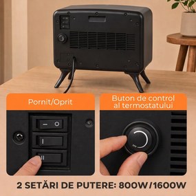 HOMCOM Șemineu electric de masă 800W/1600W cu bază detașabilă, efect de flacără LED, până la 25 m², negru | Aosom Romania
