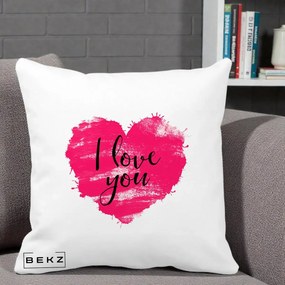Cadou Romantic - Perna Personalizata I Love You Inima Roz, 40x40 cm, Alba Mata, Husa Detasabila, Perna Inclusa, BEKZ®