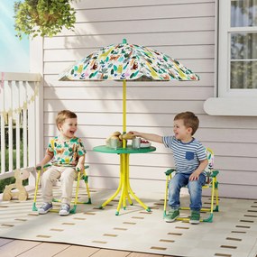 AIYAPLAY Masă de Picnic pentru Copii, Set Masă și Două Scaune Pliabile cu Umbrelă Demontabilă, Tematică Jungle, Mobilier de Exterior pentru Grădină, Terasă, Verde | Aosom Romania