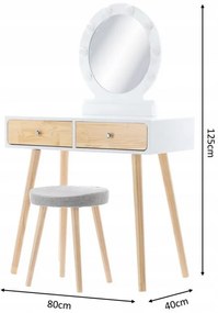 Măsuță de toaletă din lemn alb cu oglindă LED și taburet