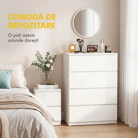 HOMCOM Comodă cu 4 Sertare, Organizator de Depozitare cu Ghidaje Metalice și Mânere cu Caneluri, 60x40x80 cm, Alb | Aosom Romania