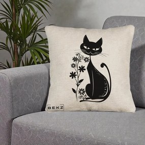 Perna Decorativa Pisica Neagra Grafica Minimalista, 40x40 cm, Bej Canapea, Husa Detasabila, Perna Inclusa, BEKZ®