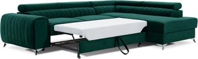 Colțar verde extensibil/cu spațiu de depozitare cu tapițerie din catifea (cu colț pe partea dreaptă/în formă de ”L”) Laurence – ELTAP