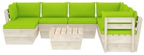 Set mobilier gradina din paleti cu perne, 8 piese, lemn molid verde aprins, 3x colt + 3x mijloc + masa + suport pentru picioare, 1