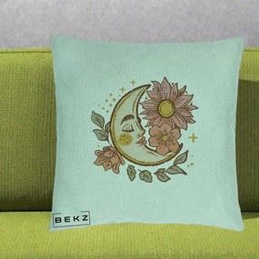 Perna Personalizata Luna Boho Chip Floral, 40x40 cm, Verde Menta, Husa Detasabila, Perna Inclusa, BEKZ®